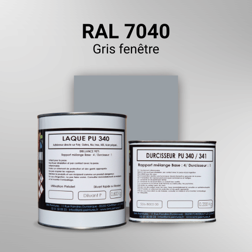 Laque PU 340 RAL 7040 Gris fenêtre Laque polyuréthane professionnelle en RAL 7040 Gris fenêtre pour vos supports bruts. Finition durable, haute adhérence et séchage rapide.