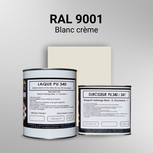 Laque PU 340 RAL 9001 Blanc crème Laque polyuréthane professionnelle en RAL 9001 Blanc crème pour vos supports bruts. Finition durable, haute adhérence et séchage rapide.