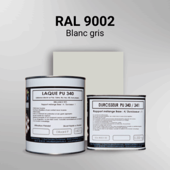 Laque polyuréthane professionnelle en RAL 9002 Blanc gris pour vos supports bruts. Finition durable, haute adhérence et séchage rapide.