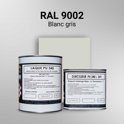 Laque polyuréthane professionnelle en RAL 9002 Blanc gris pour vos supports bruts. Finition durable, haute adhérence et séchage rapide.