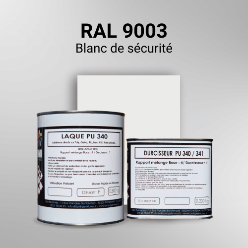 Laque PU 340 RAL 9003 Blanc de sécurité Laque polyuréthane professionnelle en RAL 9003 Blanc de sécurité pour vos supports bruts. Finition durable, haute adhérence et séchage rapide.