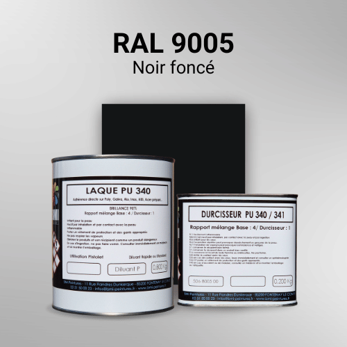 Laque PU 340 RAL 9005 Noir foncé Laque polyuréthane professionnelle en RAL 9005 Noir foncé pour vos supports bruts. Finition durable, haute adhérence et séchage rapide.
