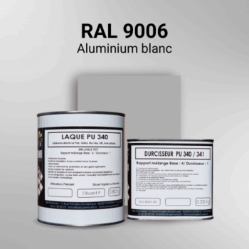 Laque polyuréthane professionnelle en RAL 9006 Aluminium blanc pour vos supports bruts. Finition durable, haute adhérence et séchage rapide.