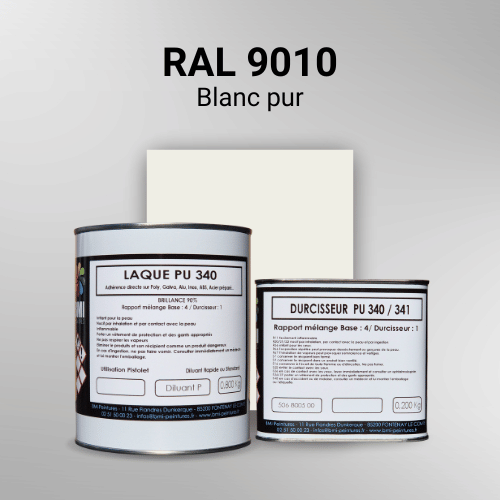 Laque polyuréthane professionnelle en RAL 9010 Blanc pur pour vos supports bruts. Finition durable, haute adhérence et séchage rapide.