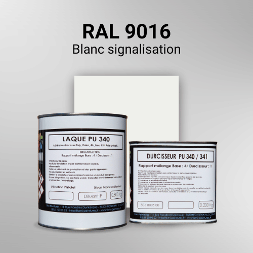 Laque polyuréthane professionnelle en RAL 9016 Blanc signalisation pour vos supports bruts. Finition durable, haute adhérence et séchage rapide.