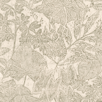 Papier peint Hortus, collection Kaolin de chez Arte avec motif botanique foisonnant est imprimé sur du liège véritable avec finition mate au charme vieilli.