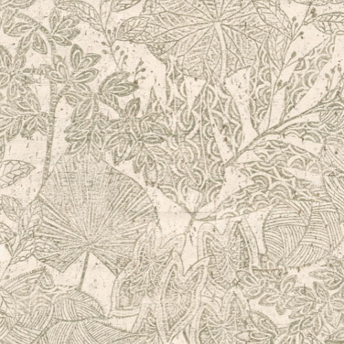 Papier peint Hortus, collection Kaolin de chez Arte avec motif botanique foisonnant est imprimé sur du liège véritable avec finition mate au charme vieilli.