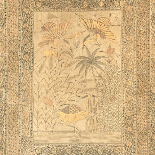 Panoramique Passeggio – Arte Essentials Kaolin : une fresque poétique aux grues élégantes, sur un support effet parchemin pour un rendu patiné et raffiné.