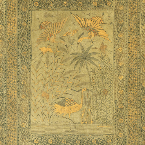 Panoramique Passeggio – Arte Essentials Kaolin : une fresque poétique aux grues élégantes, sur un support effet parchemin pour un rendu patiné et raffiné.