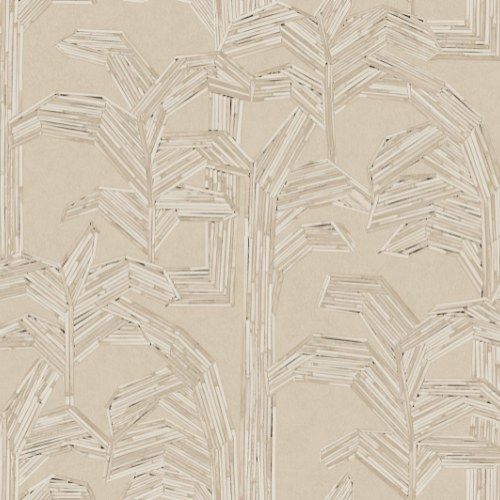 Papier peint Kailua – Arte de la collection Lanai : Motif de palmiers incrustés de fragments de rotin sur fond barkcloth inspiré des paysages d’Oahu.