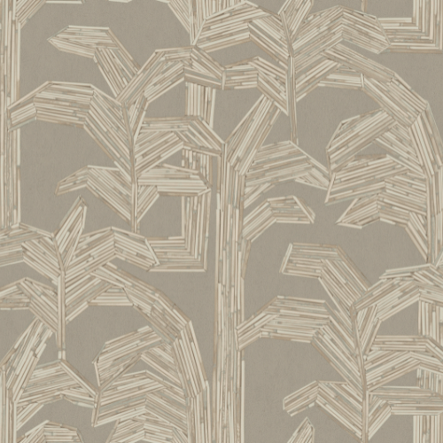 Papier peint Kailua – Arte de la collection Lanai : Motif de palmiers incrustés de fragments de rotin sur fond barkcloth inspiré des paysages d’Oahu.