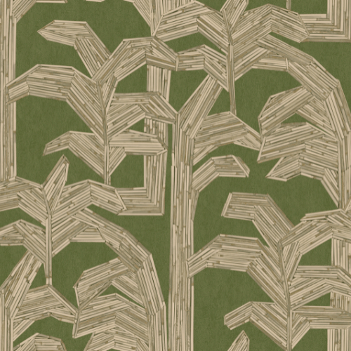 Papier peint Kailua – Arte de la collection Lanai : Motif de palmiers incrustés de fragments de rotin sur fond barkcloth inspiré des paysages d’Oahu.