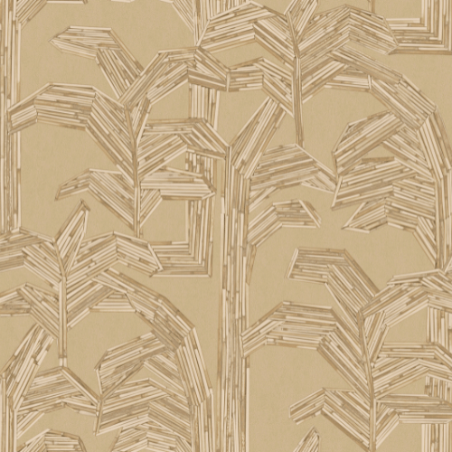 Papier peint Kailua – Arte de la collection Lanai : Motif de palmiers incrustés de fragments de rotin sur fond barkcloth inspiré des paysages d’Oahu.
