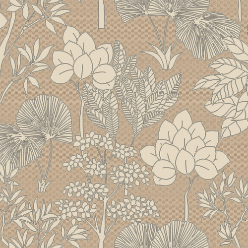 Papier peint Inara, collection Tressora par Casamance est un paysage végétal d'une matité élégante, sur un fond texturé subtil à effet pointillé.