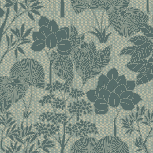 Papier peint Inara, collection Tressora par Casamance est un paysage végétal d'une matité élégante, sur un fond texturé subtil à effet pointillé.