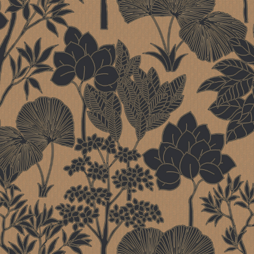 Papier peint Inara, collection Tressora par Casamance est un paysage végétal d'une matité élégante, sur un fond texturé subtil à effet pointillé.