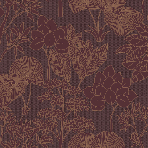 Papier peint Inara, collection Tressora par Casamance est un paysage végétal d'une matité élégante, sur un fond texturé subtil à effet pointillé.