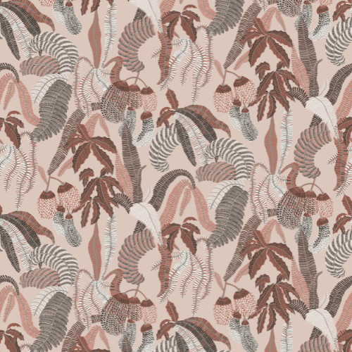 Papier peint Ninfa,collection Romance, Masureel est inspiré d’un jardin romantique, aux teintes pastel et aux motifs floraux délicats et textures raffinées.