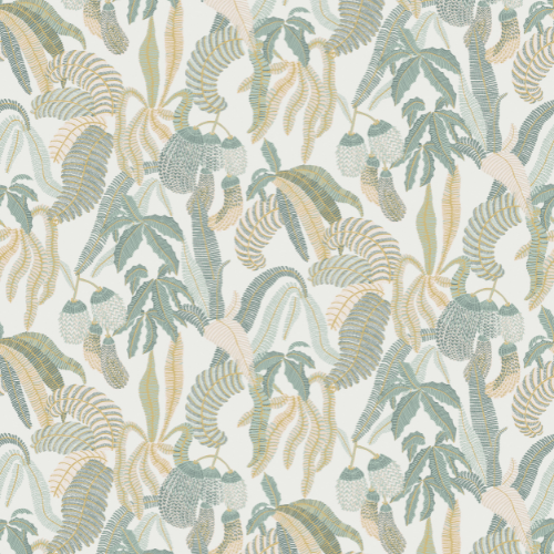 Papier peint Ninfa,collection Romance, Masureel est inspiré d’un jardin romantique, aux teintes pastel et aux motifs floraux délicats et textures raffinées.