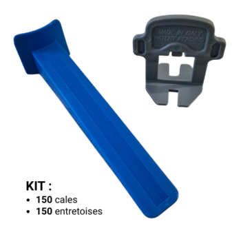 Kit MapeLevel EasyWDG : 150 cales + 150 entretoises 2 mm pour une pose de carrelage parfaite. Nivellement précis, retrait facile, joints uniformes.