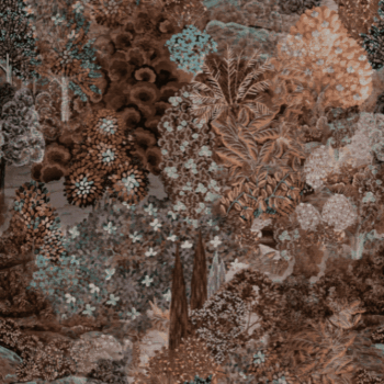 Forêt des muses de la collection Décors et Panoramiques d'Arte est un décor botanique foisonnant sur un tissu aspect lin sublimé par une feuille métallique.