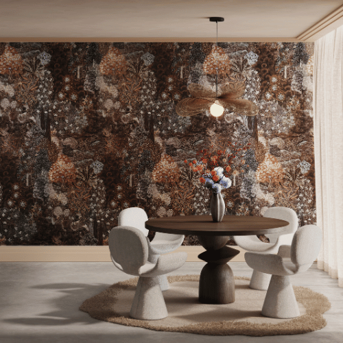 Forêt des muses de la collection Décors et Panoramiques d'Arte est un décor botanique foisonnant sur un tissu aspect lin sublimé par une feuille métallique.