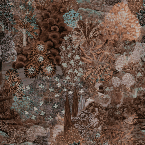 Forêt des muses de la collection Décors et Panoramiques d'Arte est un décor botanique foisonnant sur un tissu aspect lin sublimé par une feuille métallique.