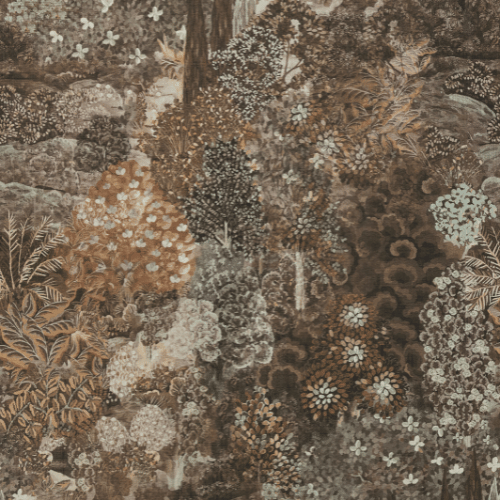 Forêt des muses de la collection Décors et Panoramiques d'Arte est un décor botanique foisonnant sur un tissu aspect lin sublimé par une feuille métallique.