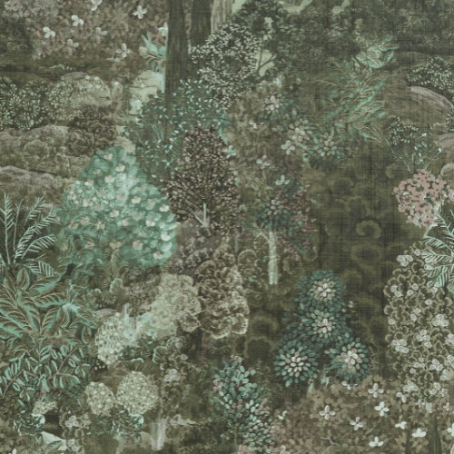 Forêt des muses de la collection Décors et Panoramiques d'Arte est un décor botanique foisonnant sur un tissu aspect lin sublimé par une feuille métallique.