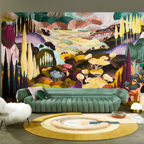 Papier Peint Arte Décors & Panoramiques Les Songes Toscans Tuscany Ambiance Les songes Toscans de la collection Décors et Panoramiques d'Arte est un un panoramique onirique inspiré de paysages italiens sublimé ses cyprès élancés.