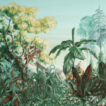 Paradisiac de la collection Décors et Panoramiques d'Arte est une scène tropicale peinte à l’huile, imprimée sur un velours doux pour un décor chaleureux.
