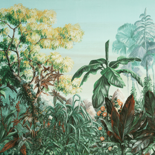 Paradisiac de la collection Décors et Panoramiques d'Arte est une scène tropicale peinte à l’huile, imprimée sur un velours doux pour un décor chaleureux.