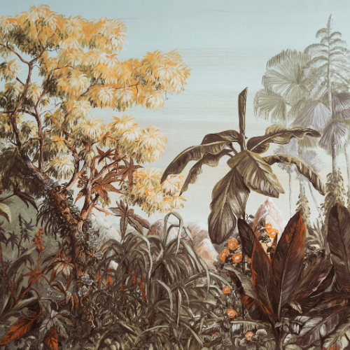 Paradisiac de la collection Décors et Panoramiques d'Arte est une scène tropicale peinte à l’huile, imprimée sur un velours doux pour un décor chaleureux.