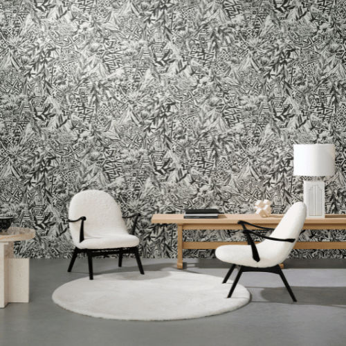 Papier Peint Arte Décors & Panoramiques Sierra Nevada Ink Ambiance Sierra Nevada de la collection Décors et Panoramiques d'Arte présente un paysage montagneux stylisé, sublimé par un tissage jacquard bouclé de haute qualité