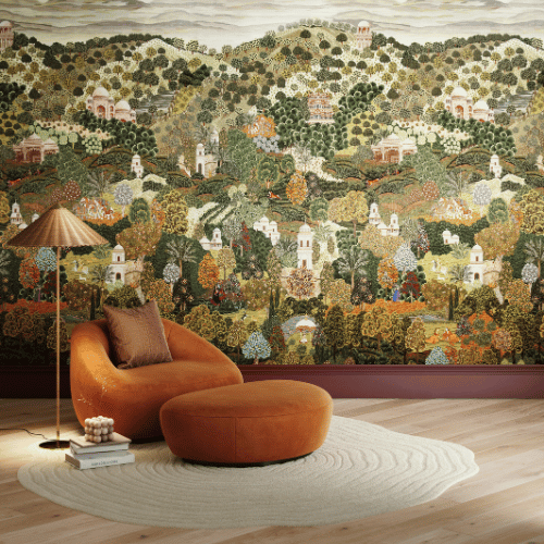 Papier Peint Arte Décors & Panoramiques Sundara Spring Ambiance Zerzura de la collection Décors et Panoramiques d'Arte représente une scène d'oasis mythique et raffinée qui apporte profondeur et mystère à vos intérieurs.