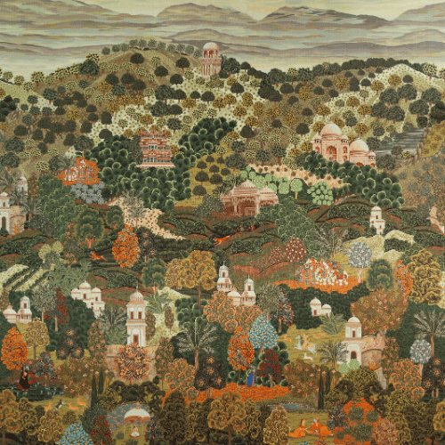 Zerzura de la collection Décors et Panoramiques d'Arte représente une scène d'oasis mythique et raffinée qui apporte profondeur et mystère à vos intérieurs.