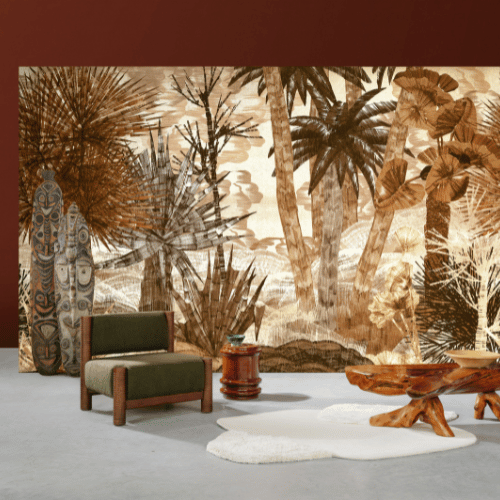 Papier Peint Arte Décors & Panoramiques Yasuni Coconut Flora Ambiance Yasuni, de la collection Décors et Panoramiques d'Arte, représente un panorama tropical aux lignes graphiques et teintes chaudes, imprimé sur velours doux.