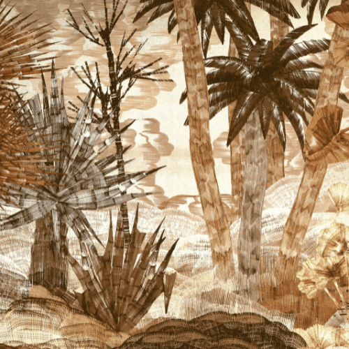 Yasuni, de la collection Décors et Panoramiques d'Arte, représente un panorama tropical aux lignes graphiques et teintes chaudes, imprimé sur velours doux.