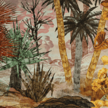 Yasuni, de la collection Décors et Panoramiques d'Arte, représente un panorama tropical aux lignes graphiques et teintes chaudes, imprimé sur velours doux.