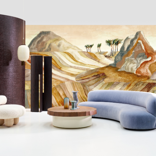 Papier Peint Arte Décors & Panoramiques Zerzura Warm Sand Ambiance Zerzura de la collection Décors et Panoramiques d'Arte représente une scène d'oasis mythique et raffinée qui apporte profondeur et mystère à vos intérieurs.