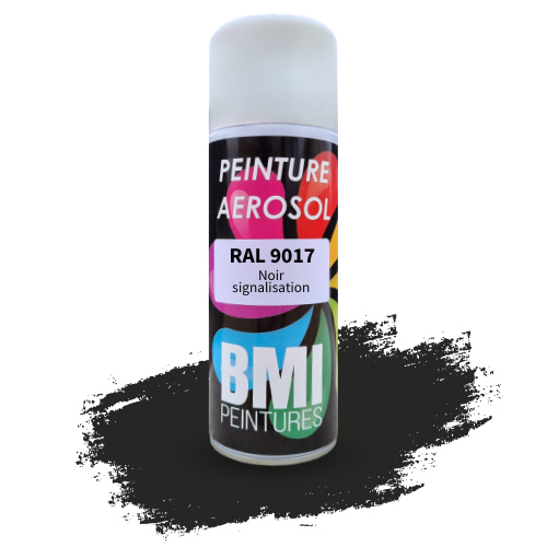 Peinture aérosol monocouche, RAL 9017 Noir signalisation, anticorrosion, à séchage rapide et avec une bonne résistance aux intempéries.