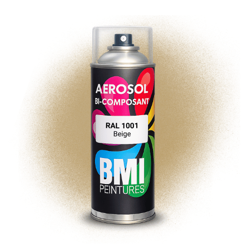 Bombe aérosol bi-composant RAL 1001 beige pour carrosserie, travaux agricoles, travaux publics, bardages, canalisations, sidérurgie, ...