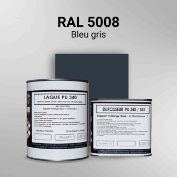 Laque polyuréthane professionnelle en RAL 5008 Bleu gris pour vos supports bruts. Finition durable, haute adhérence et séchage rapide.