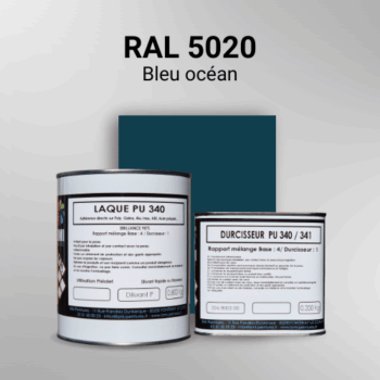Laque polyuréthane professionnelle en RAL 5020 Bleu océan pour vos supports bruts. Finition durable, haute adhérence et séchage rapide.