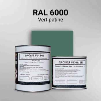 Laque polyuréthane professionnelle en RAL 6000 Vert patine pour vos supports bruts. Finition durable, haute adhérence et séchage rapide.