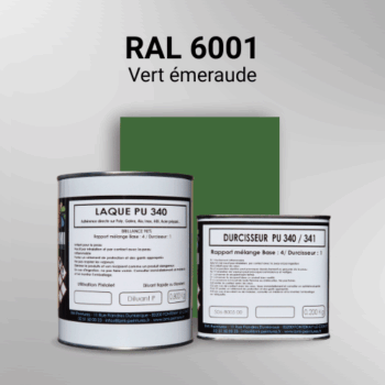 Laque polyuréthane professionnelle en RAL 6001 Vert émeraude pour vos supports bruts. Finition durable, haute adhérence et séchage rapide.