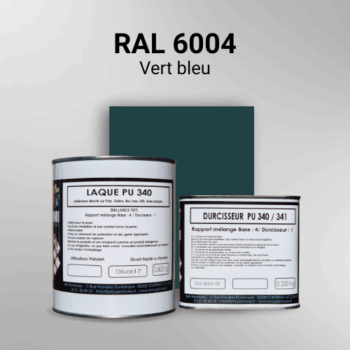 Laque polyuréthane professionnelle en RAL 6004 Vert bleu pour vos supports bruts. Finition durable, haute adhérence et séchage rapide.