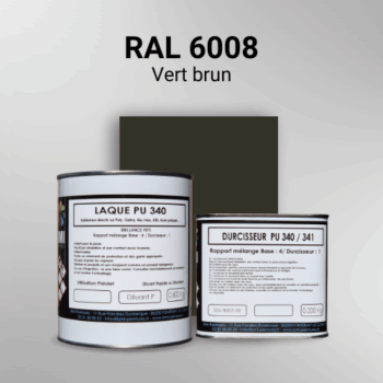 Laque polyuréthane professionnelle en RAL 6008 Vert brun pour vos supports bruts. Finition durable, haute adhérence et séchage rapide.