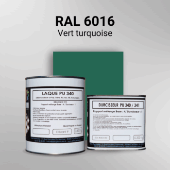Laque polyuréthane professionnelle en RAL 6016 Vert turquoise pour vos supports bruts. Finition durable, haute adhérence et séchage rapide.