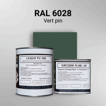 Laque polyuréthane professionnelle en RAL 6028 Vert pin pour vos supports bruts. Finition durable, haute adhérence et séchage rapide.